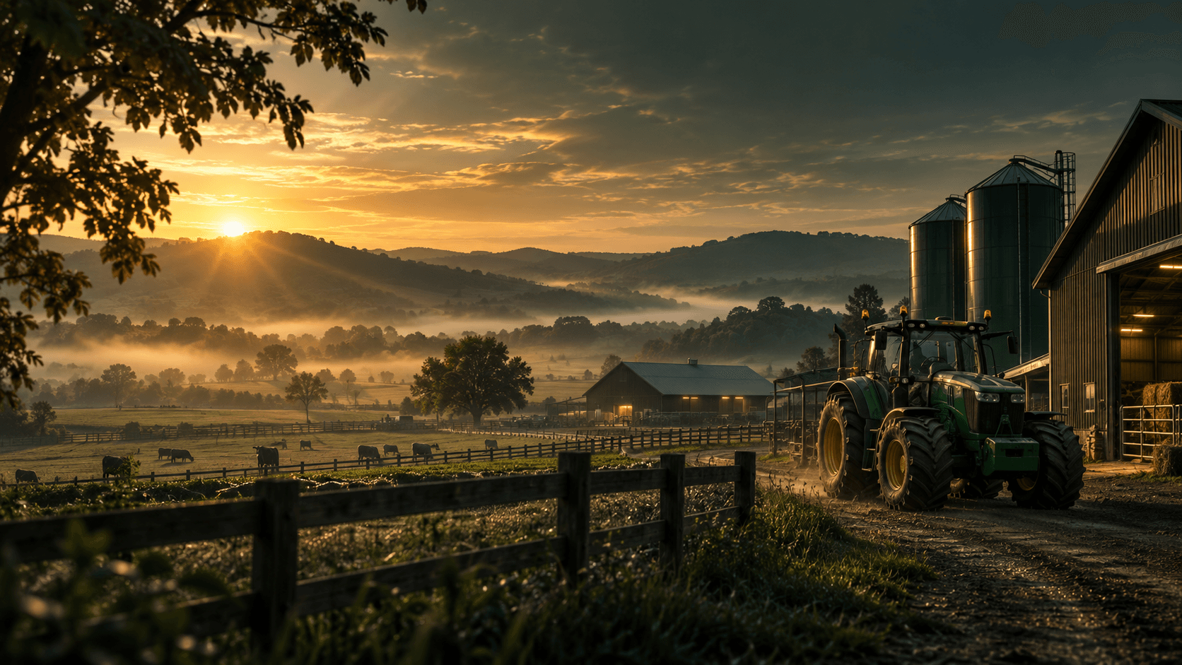 Working farmstead with tractor, barns, silos, and livestock at sunrise