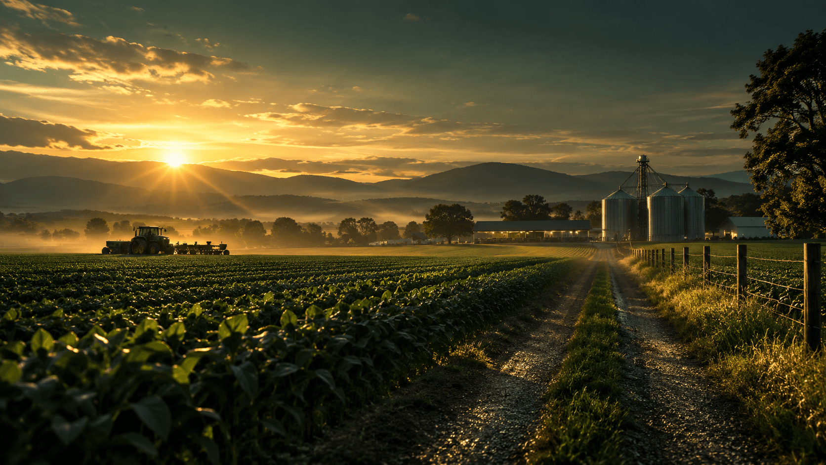 Cultivated farmland and a road leading toward grain silos at sunrise
